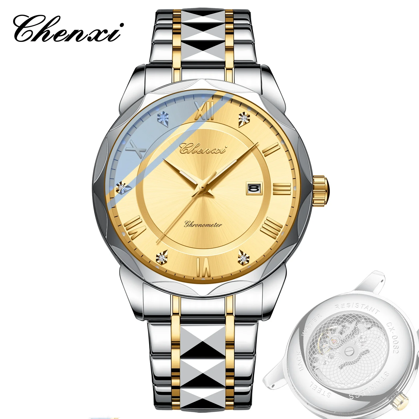 CHENXI-ساعة يد كوارتز للرجال ، تاريخ بسيط ، عرض تناظري ، فضي ، ذهبي ، أزرق ، أسود ، فولاذ مقاوم للصدأ ، موضة رجالية ،