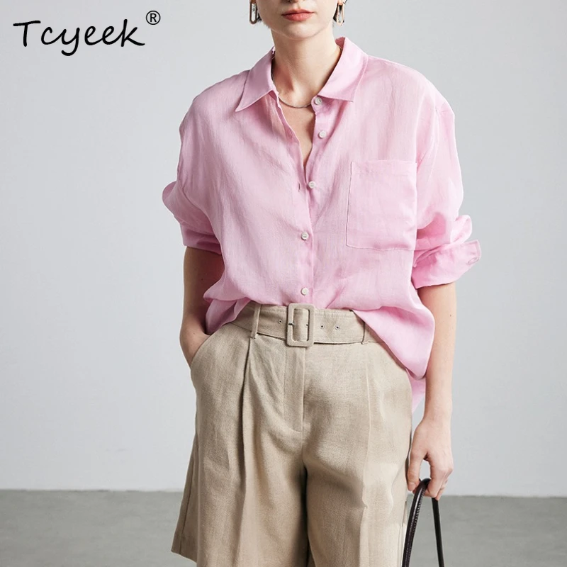 

Tcyeek,Woman Loose Shirts, 100%Ramie, Turn Down Collar, Chest Pocket, Chic Blouses, 2025 Spring Summer Casual Top, Solid