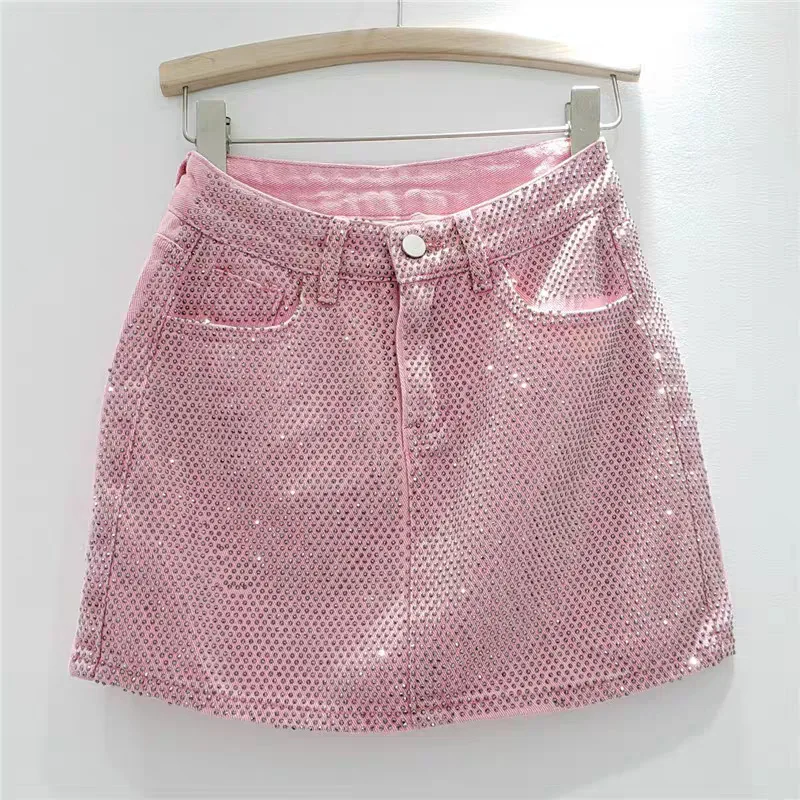 2026 Spring/Summer New Heavy Industry Hot Diamond Denim Half Skirt for Women, Fashion High Waist A-line Hip Wrapping Short Skirt