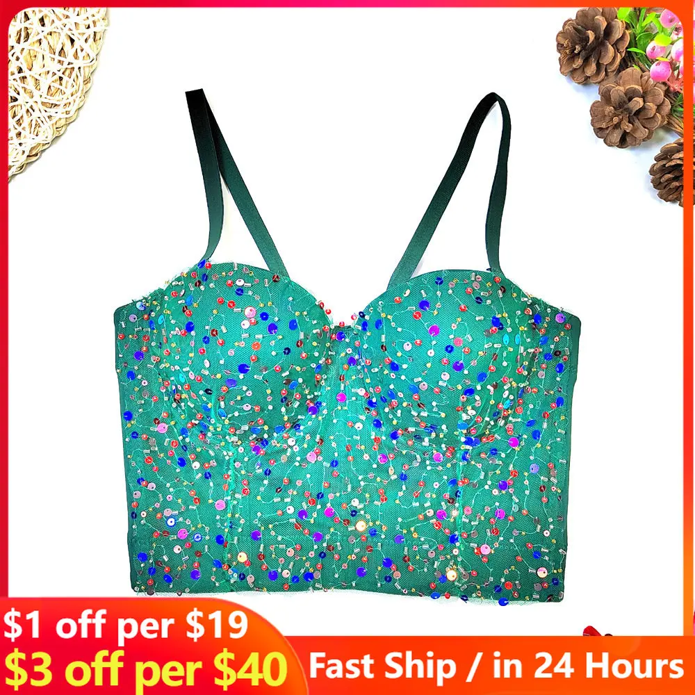 

Elegant Beading Sequin Tank Top Women Stage Party Shaper Camis Bra Shirt Woman Clothes Punk Corset Ladies Crop Tops y2k Blusa