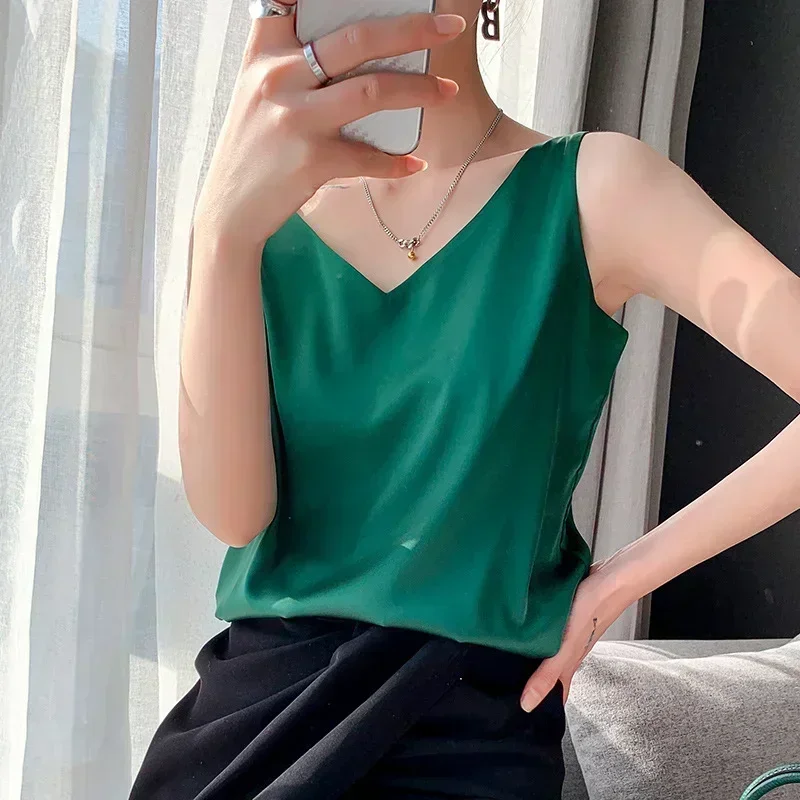 Strap Top Women Halter V Neck Basic White Cami Sleeveless Satin Silk Tank Tops Women\'S Summer Camisole