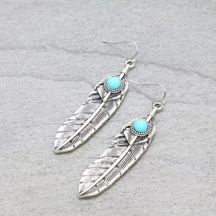 أقراط من سبائك الفيروز بتصميم بوهيمي عتيق مزينة بالريش، مجوهرات عصرية جديدة عبر الحدود لتزيين الأذن