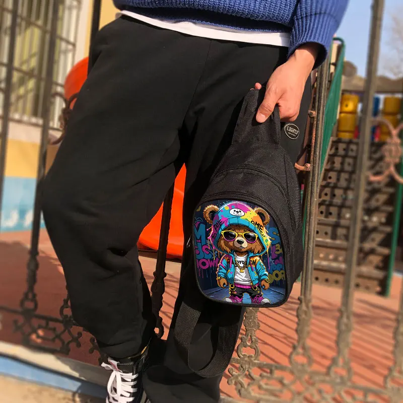 Fashion Cartoon Bear Doll Print Chest Bag Women Men Crossbody Bags Hip Hop ‌‌Streetwear Travel Shoulder Bags Wallet Phone Holder