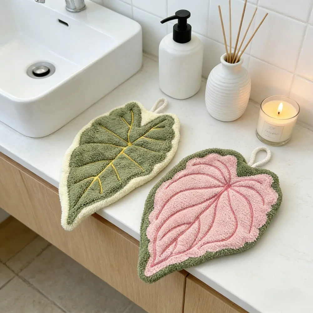 Coral Fleece Tropical Leaf Hanging Hand Towels 2 Pack Absorbent Quick-Dry Lint Free Kitchen Bathroom Household Cleaning Towel