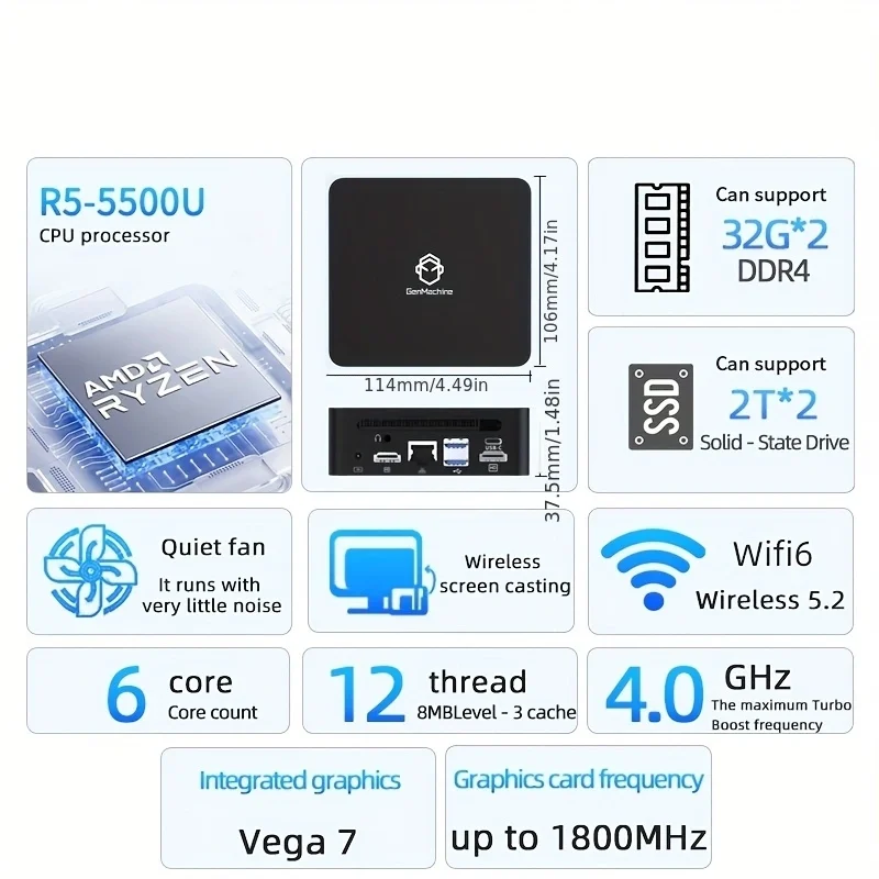 GenMachine Mini PC AMD 5500U 5600H 5600U CPU Win11 DDR4 WiFi6 Gamer PC Computer Ryzen 4300U 4600H 4800H 5300U 4500U
