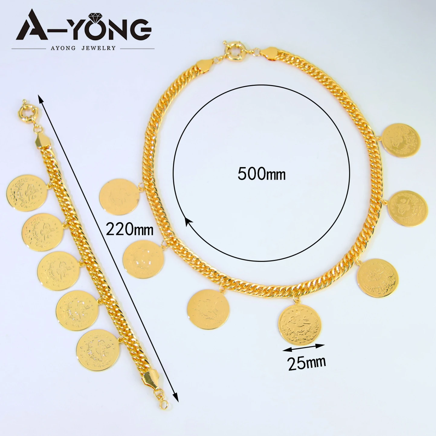 Turkish Gold Plated Coins Jewelry Set 21k Gold Color Arabic Fashion Cuban Necklace Bracelet Dubai Women Bridal Wedding Jewelrys