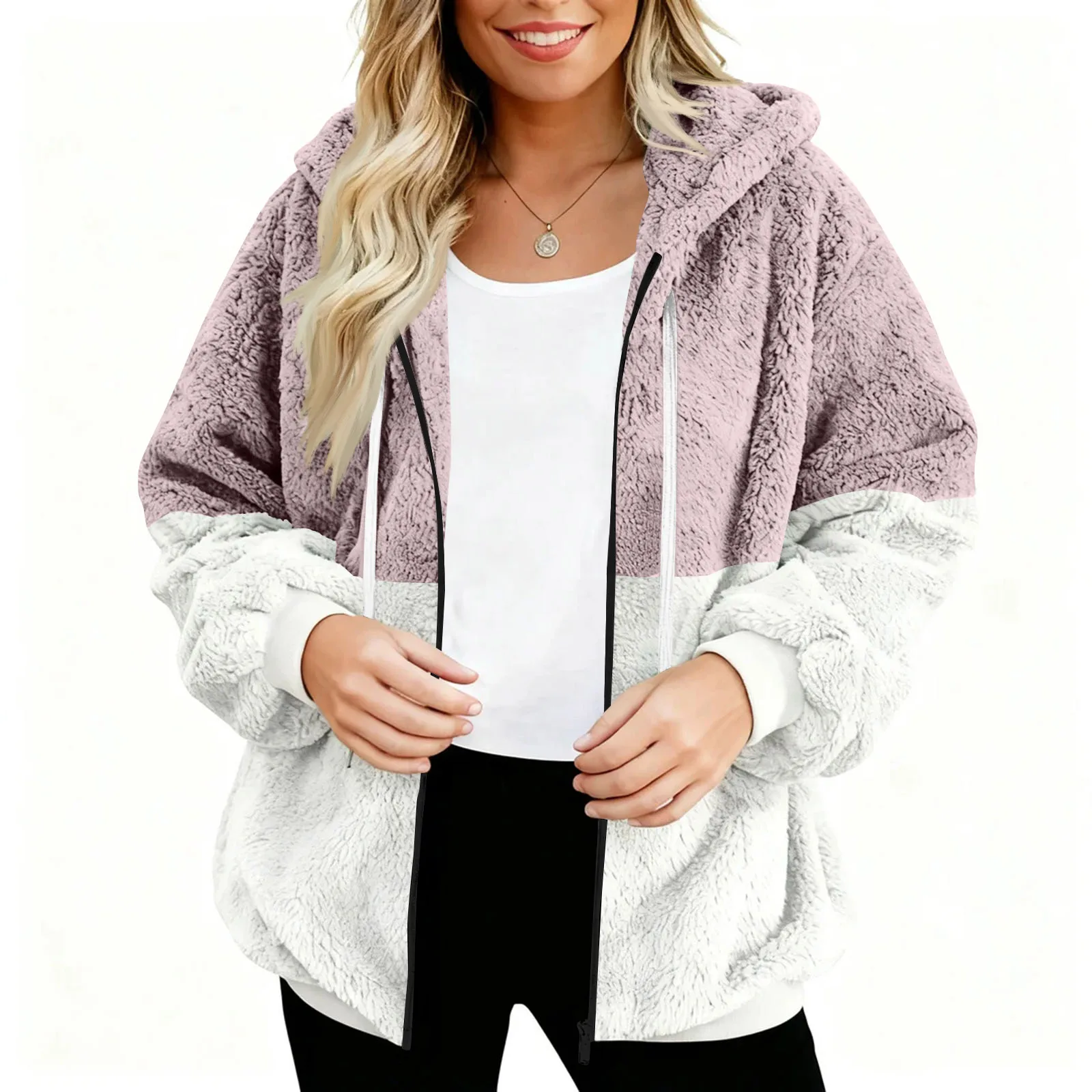 

Women's Fashionable Casual Zippered Hooded Patchwork Color-Blocked Drawstring Furry Sweatshirt Jacket Fall Winter Plush Hoodies