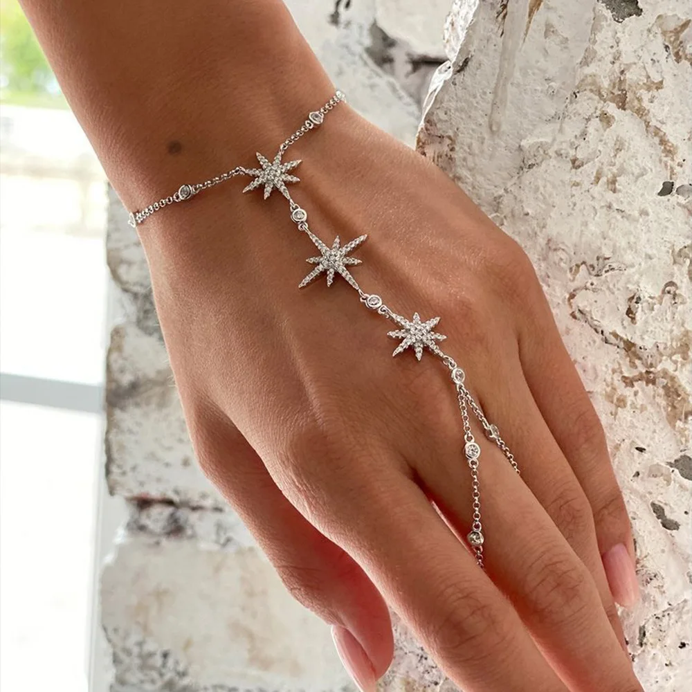 Crystal Star Hand Chain Bracelet Women Rhinestone Finger Ring Bracelet Y2K  Adjustable Slave Bracelet for Party Summer Jewelry