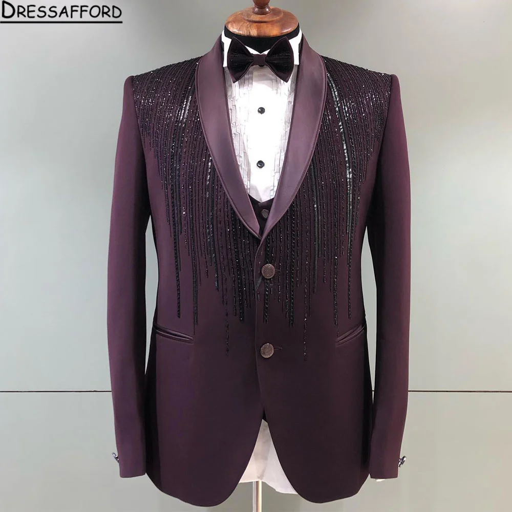 

Burgundy Handmade Beading Blazers Men Suits Fashion Banquet 2 Piece Business Jacket Pants Trousers