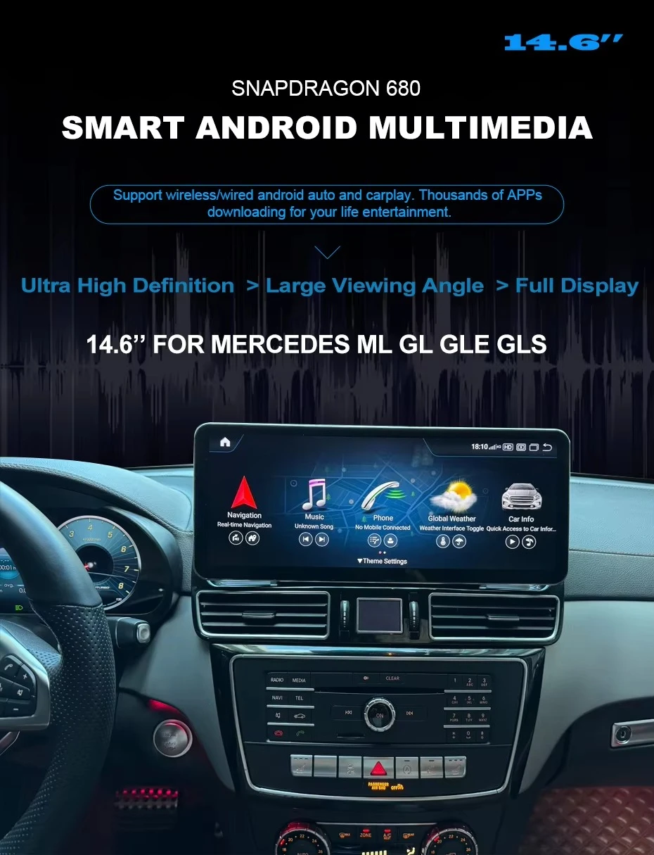 3200*1200p HD 14.6 Inch Android Qualcomm 680 Touch Screen GPS Navigation with Carplay for GLE GLS W166 ML GL X166