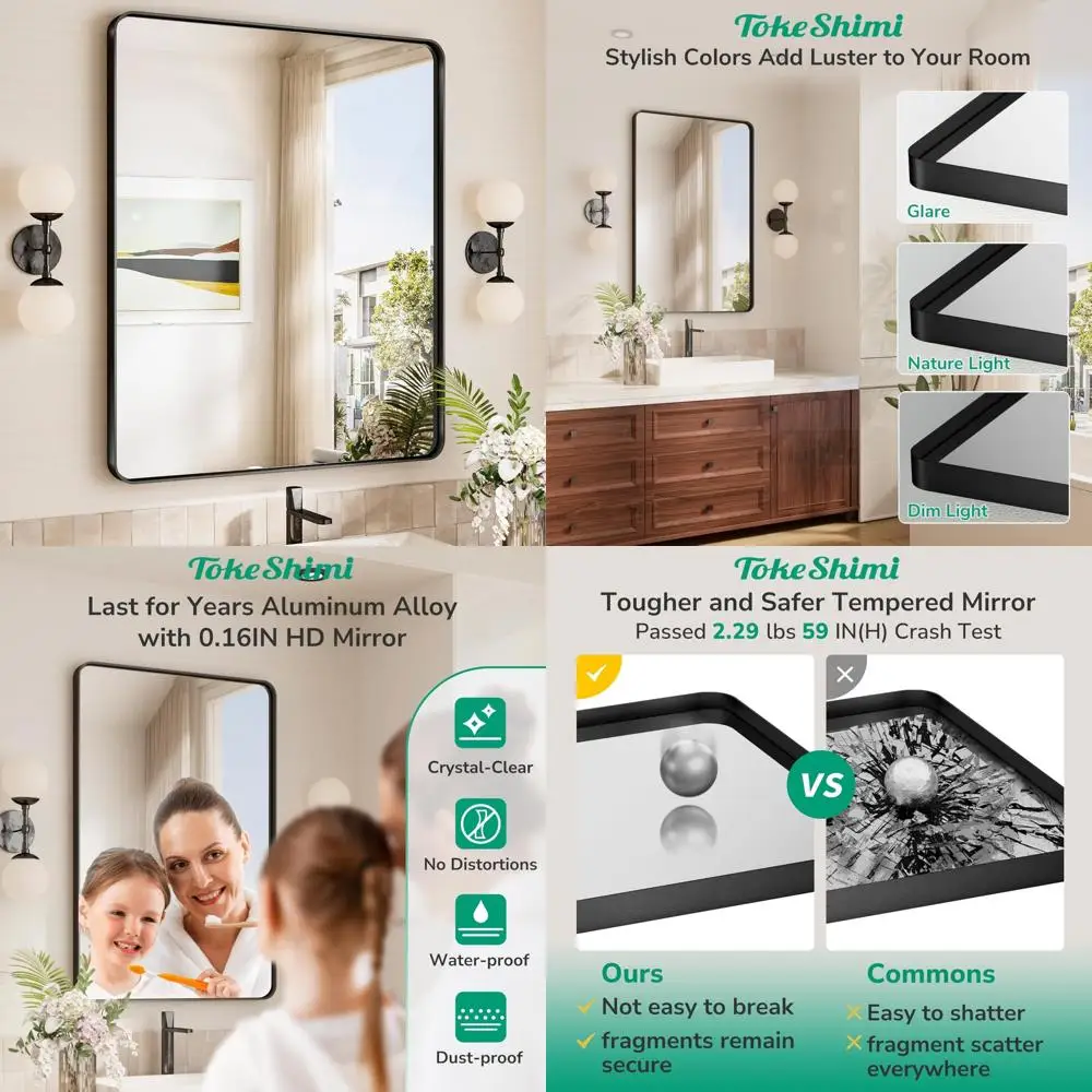 

Large 30x36 Inch Modern Tempered Glass Vanity Mirror with Matte Black Aluminum Frame for Bathroom, Horizontal Mounting Option