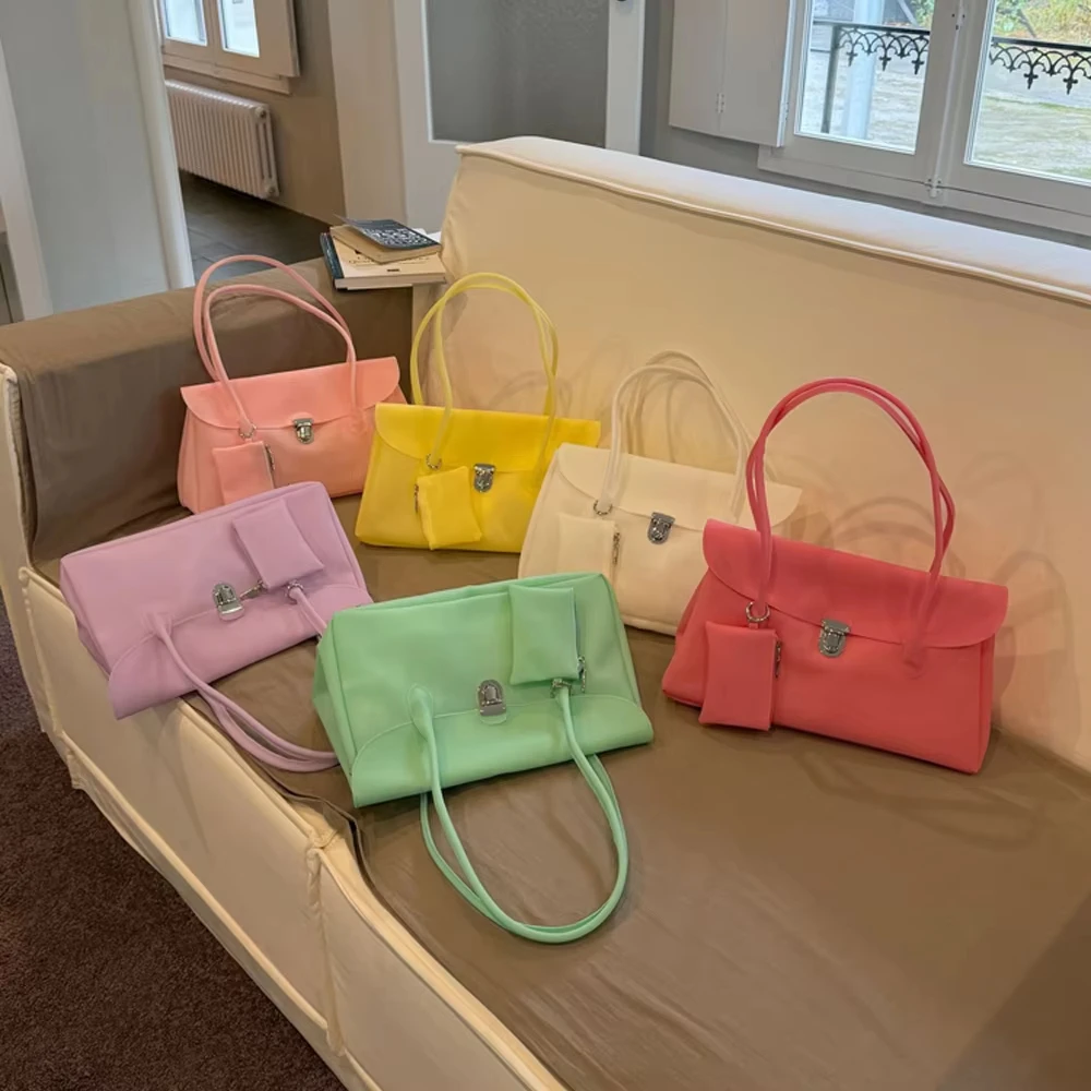 Korean PVC Waterproof Jelly Bag Handbag Candy Color Tote Bag Women Elegant Vintage Fashionable Shoulder Bags Y2K Padlock Decor