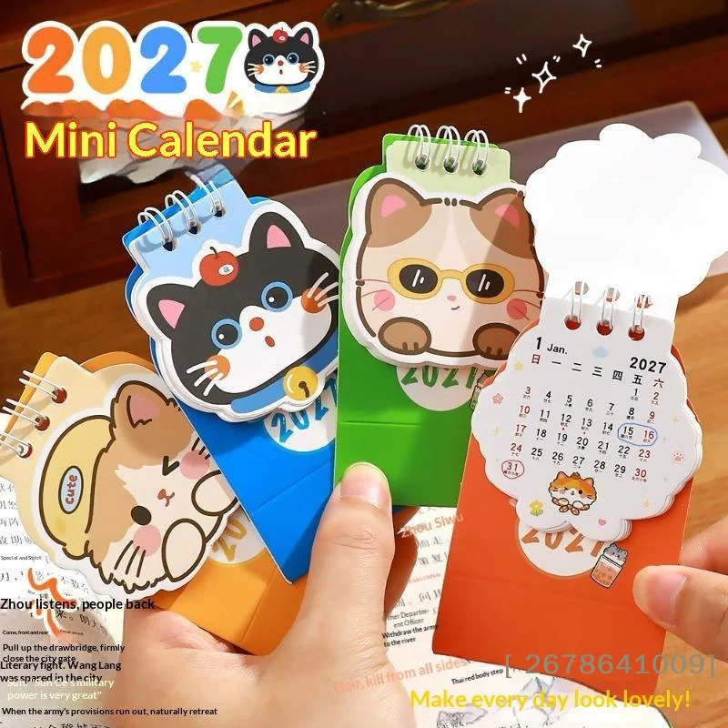 〔C〕2027 Mini Desktop Calendar Cartoon Cat Prints Desk Calendar Portable Office Home Decoration