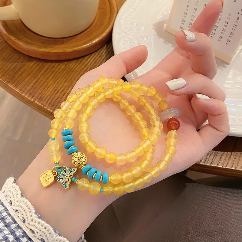 Artistic Retro Chinese Style Multi-Circle Yellow Agate Bracelet Women's Butterfly Light Luxury and Simplicity Special-Interest D