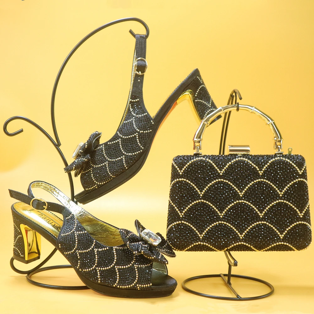 Gold Italian Style Chunky Sling Backs Heels And Crystal Clutch Bag African Designs Peep Toes Slippers Match Handbag