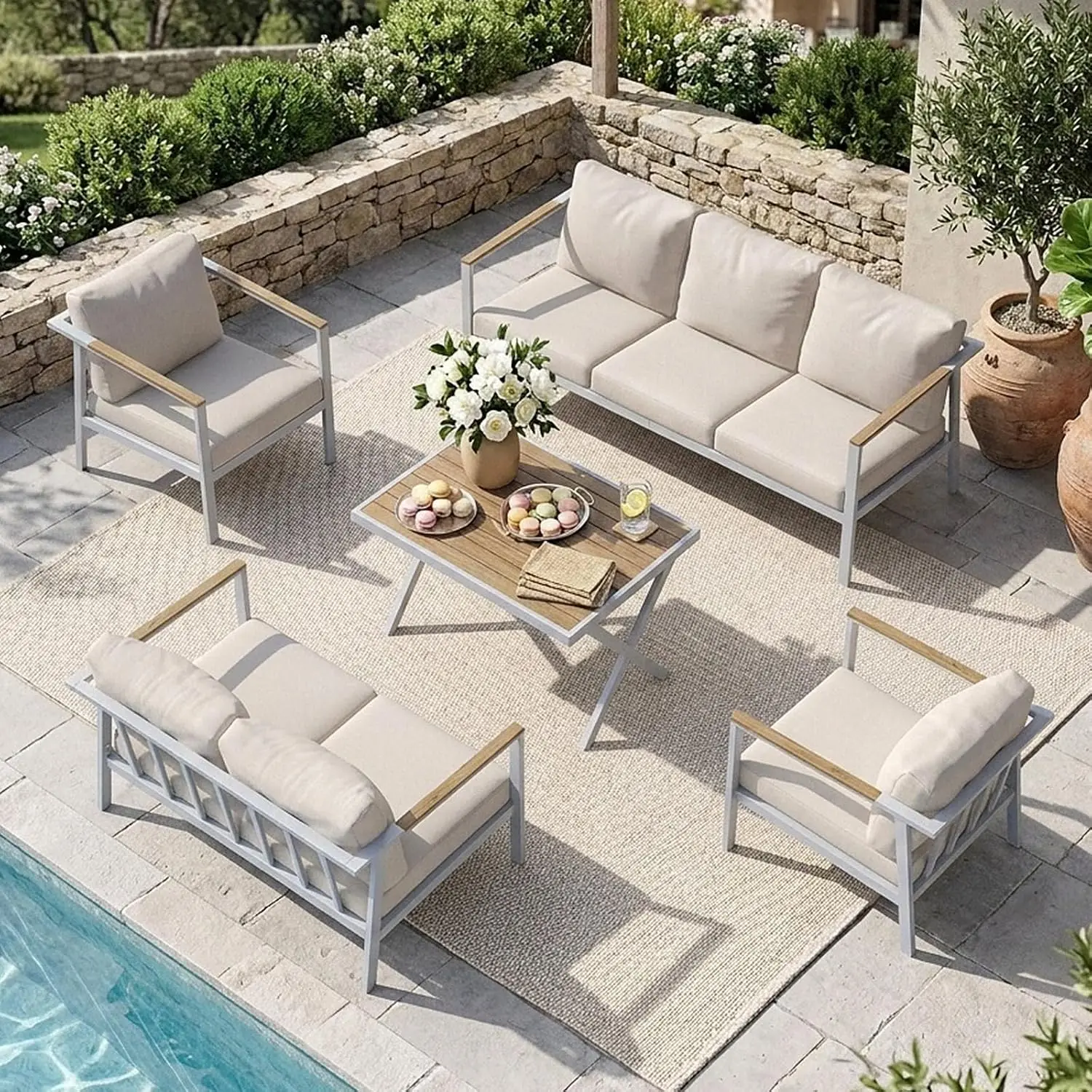 5-Piece Aluminum Patio Sofa Set with Olefin Cushions, Rustproof Frame, Non-Slip Feet for Balcony & Backyard, White, Customized