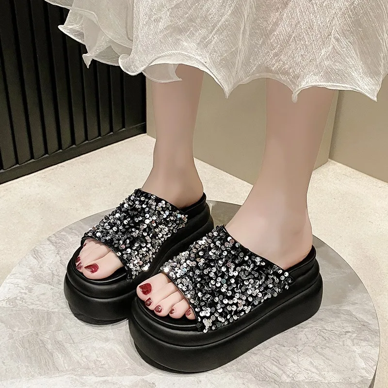 High Platform Flip-Flops Women\'s Summer Casual Slippers Crystal 9CM Wedge Slides Bling Chunky Sandals Open Toed Beach Slippers