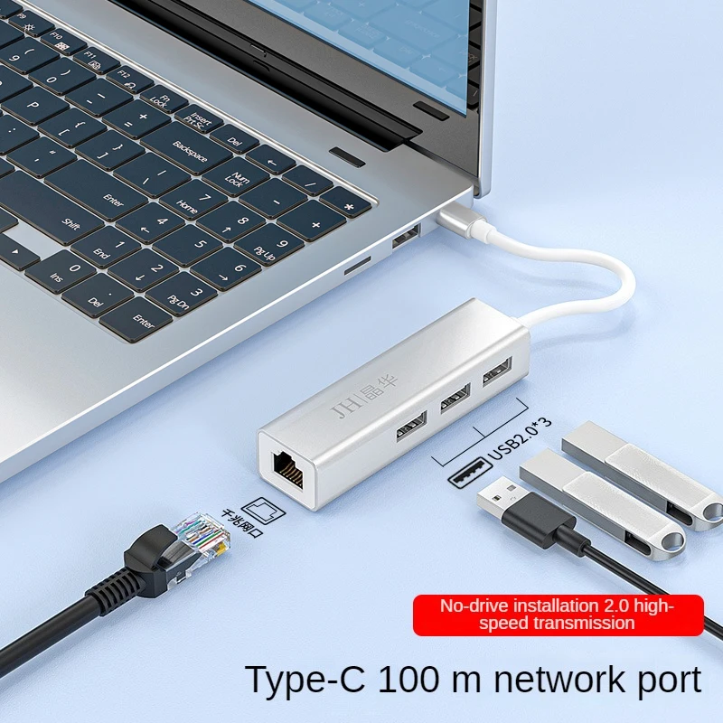 Type-C to RJ45 Ethernet Adapter with 3 USB 2.0 Ports, 100Mbps Network Hub for Laptop Phone Tablet