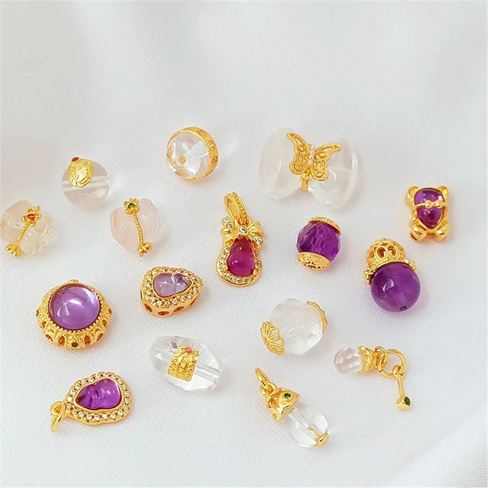 Natural Amethyst 24K Gold-plated Round Bead Bucket Bead Pendant, Diy Bracelet, Handcrafted Beaded Jewelry Accessory