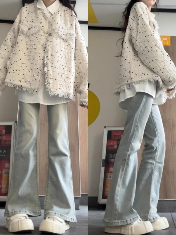 

Light Blue Micro Flared Jeans Women's Spring Autumn New plus Size Elastic Slim Wide Leg Hoof Pants High Waist Denim