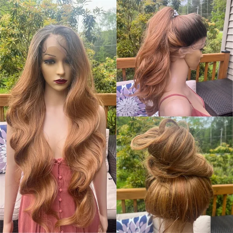 Long Ombre Brown Wavy Wig for Women Free Part Charming Synthetic Wig Natural Wavy Heat Resistant Hair for Wedding Daily Use