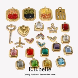 E.B.belle Octagonal Splicing Color Bead Heart-shaped Key Rainbow Square 316L Stainless Steel 14K Gold Plated Pendant Charms