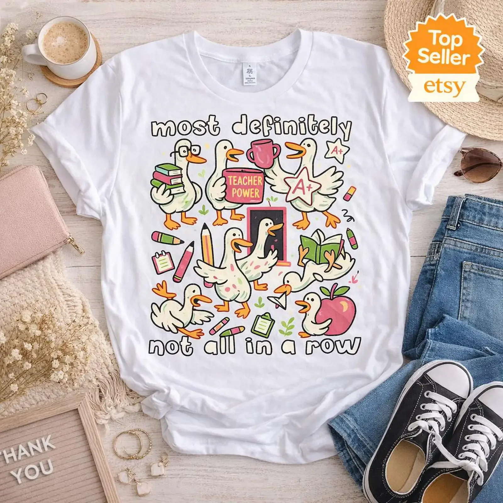 Teacher Goose T Shirt Cartoon Ducks Apples School Supplies  vintage Washed Soft Stretched designer clothes