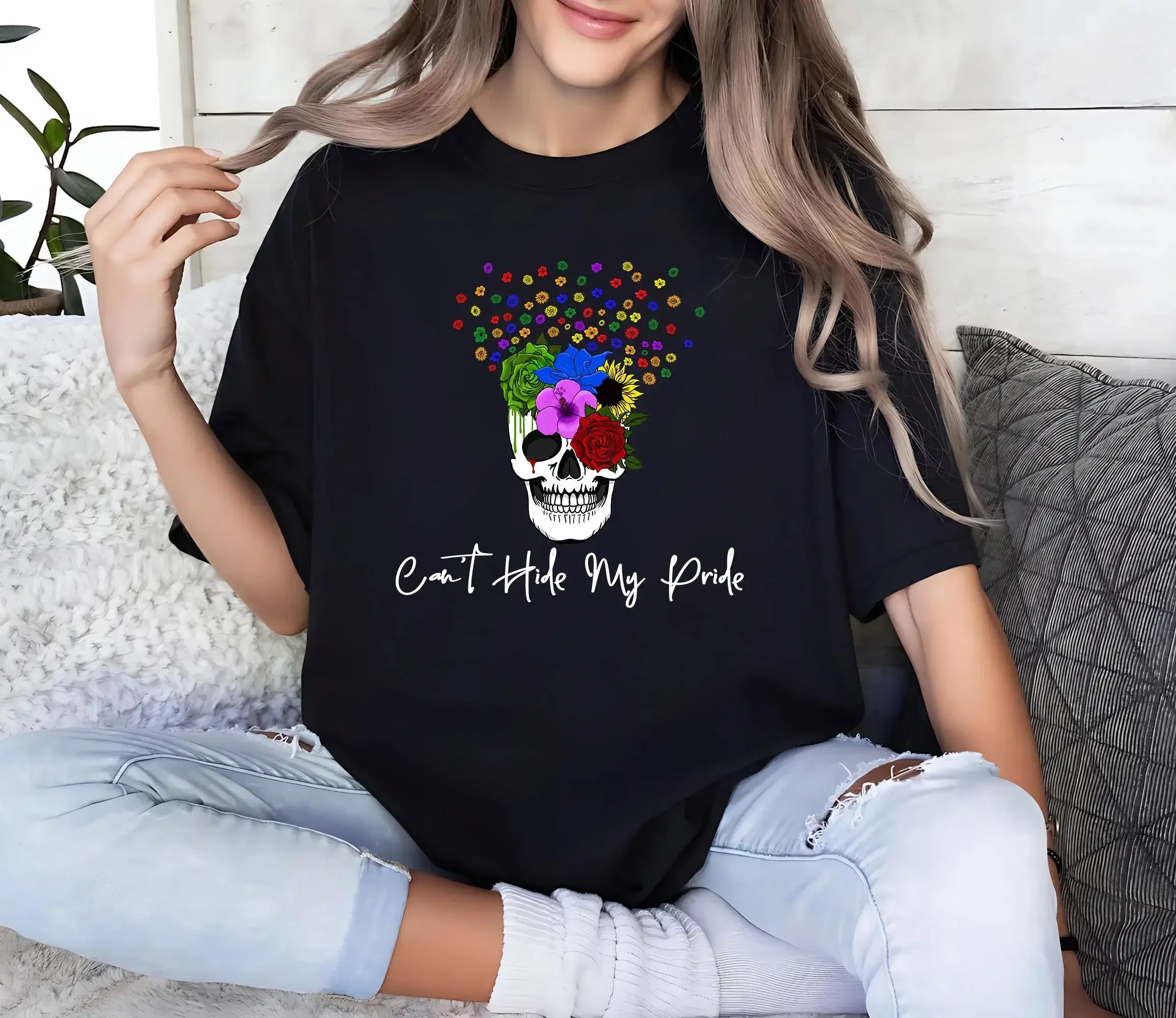 Can'T Hide My Pride T Shirt Skeleton Floral Month Lgbtq Ally Queer