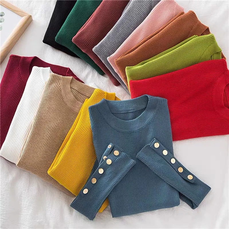 2024 Women Thick Sweater Pullovers Khaki Casual Autumn Winter Button O-neck Chic Sweater Female Slim Knit Top Soft Jumper Tops