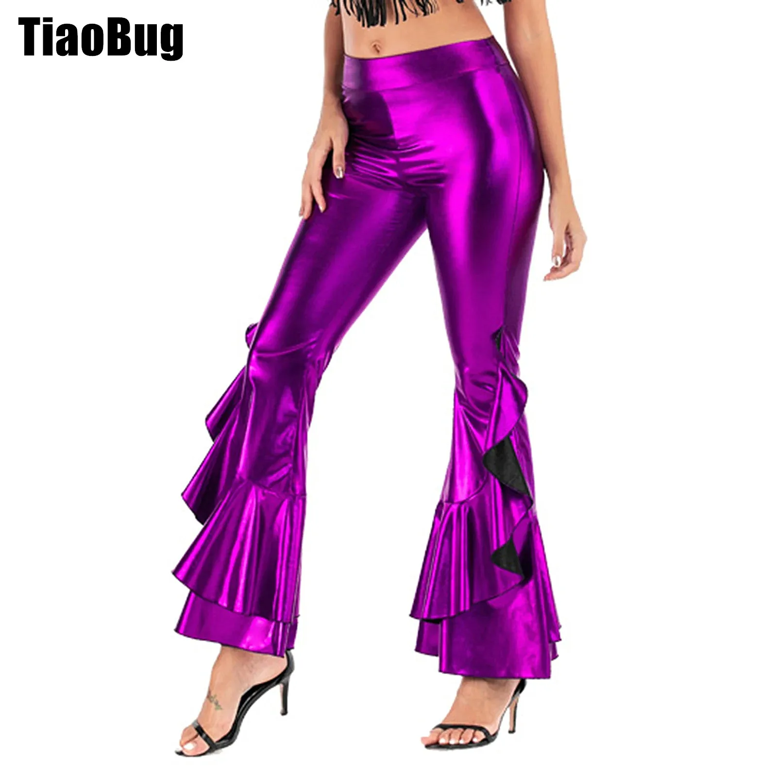 Womens Metallic Ruffle Flared Pants Fashion High Waist Bell-Bottomed Trousers for Dance Party Music Festival Club Raves