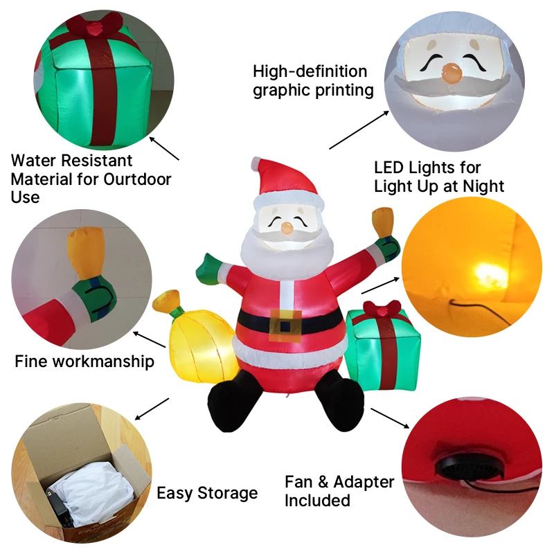 5피트 크리스마스 장식품, 쿠키를 든 산타클로스와 선물 가방 장난감, LED 장식이 있는 집 마당 장식품