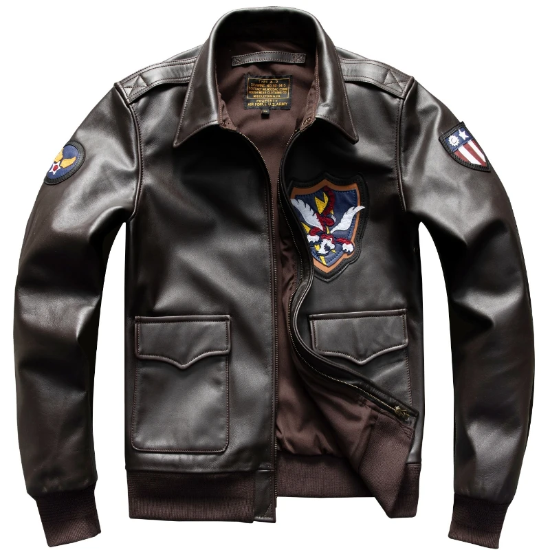 Men's A-2 Flight Motorcycle Jacket | First Layer Cowhide Genuine Leather Short Collared Coat | Autumn Winter Plus Size Outerwear