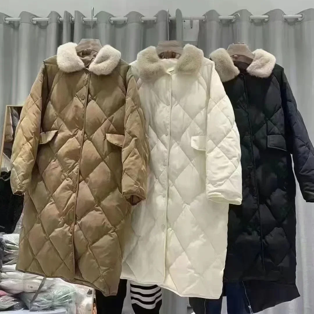 

Korean Fashion Winter Fur Collar Long Down Jacket Women Turn Down Collar Single Breasted Coat Rhombus Loose Casual Warm Outwear