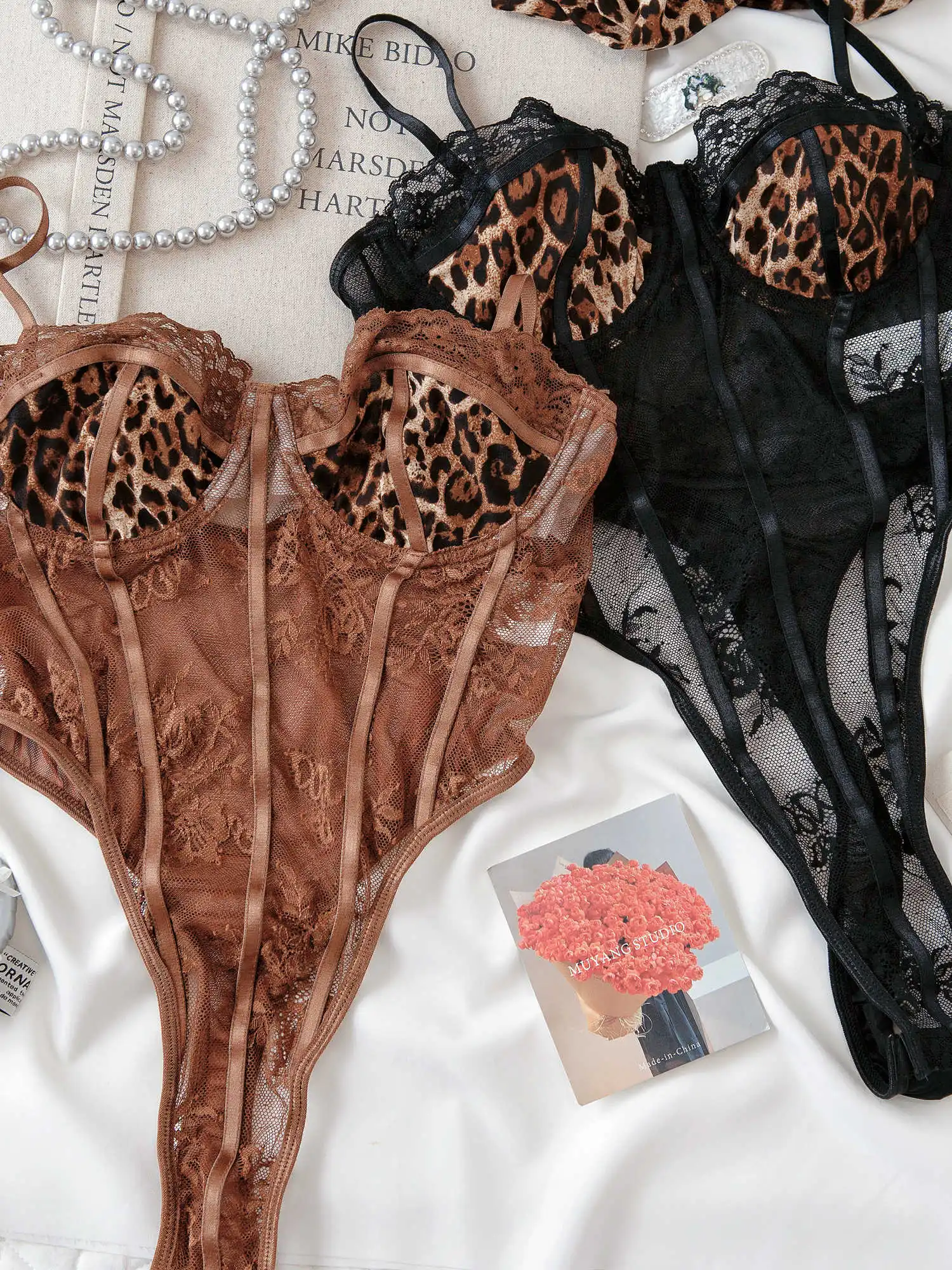 Jumpsuit Leopard Print Lace Sexy Lingerie Set Women's Seductive Bodysuit Sheer Mesh Ladies' Lace-Up Bra Set