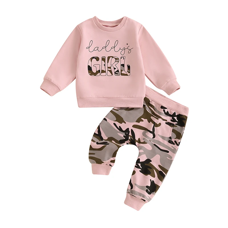 

Baby Girl 2Pcs Fall Outfits Long Sleeve Letter Print Sweatshirt Camouflage Trousers Set Toddler Clothes