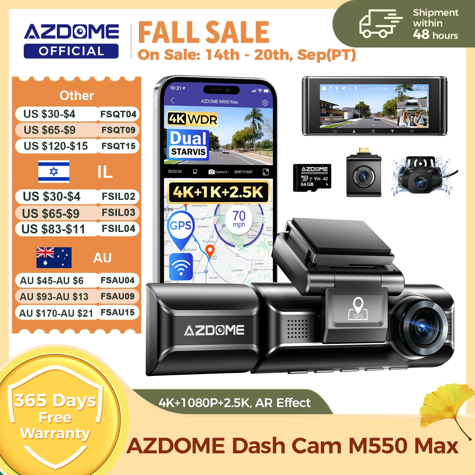 AZDOME 4K Dash Cam M550 Max Built-in GPS Wifi Camera Car DVR 3.18”Screen Night Vision 24H Parking Monitor Support Rear Cam