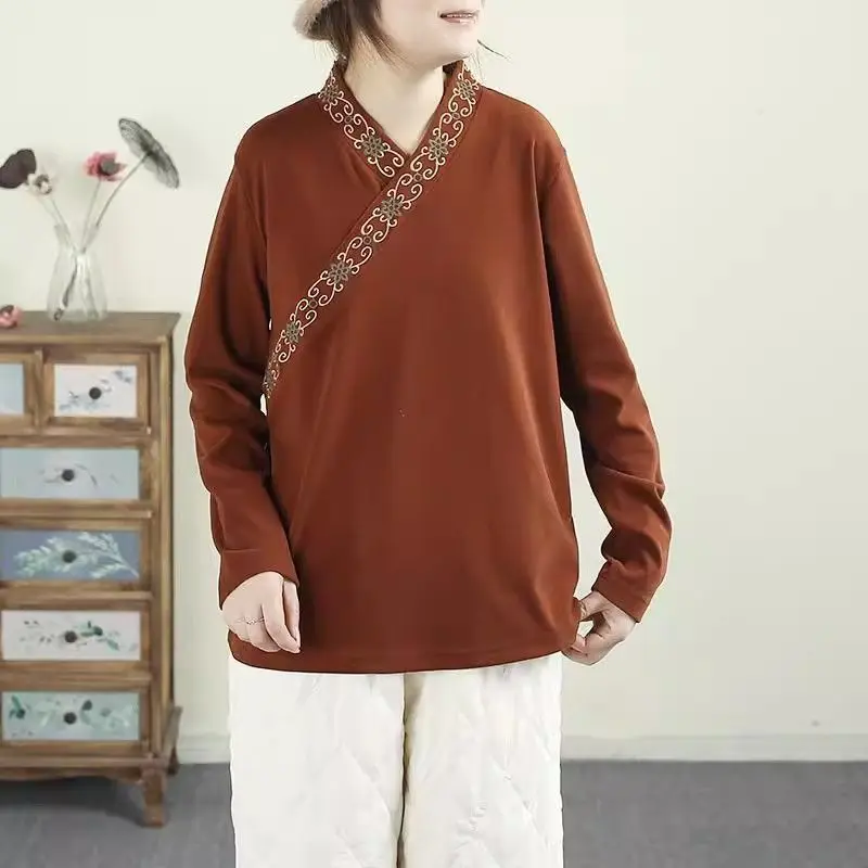 الصينية الخريف والشتاء على الوجهين المخملية قاعدة طبقة تنوعا الأدبية المطرزة طويلة الأكمام المرأة قميص المرأة الأعلى