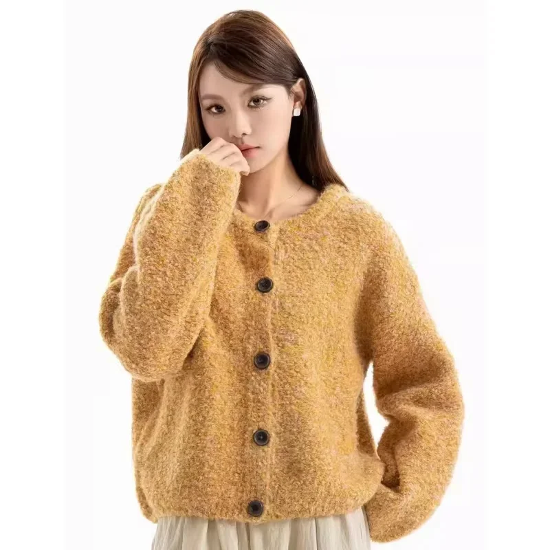 Soft Glutinous Yellow Knit Cardigan Sweater Women Sweet Round Neck Long Sleeve Top 2024 Early Autumn Retro Short Loose Outerwear