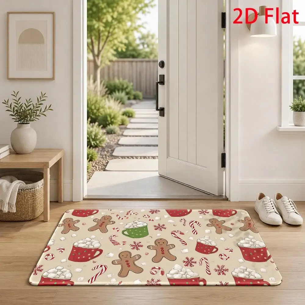 Flannel Floor Mat, 2D Design, Christmas Gingerbread Man Theme, Watercolor Painting Style, Holiday Vocabulary, Comfortable And Warm, Festive Joy, Soft Plush