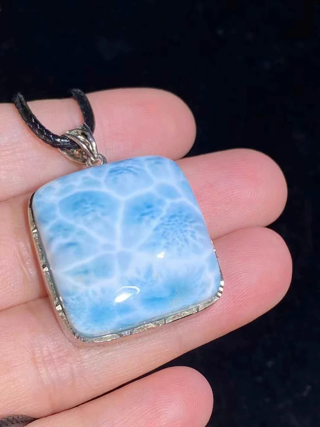 Natural Blue Larimar Water Drop Pendant Women Men 24*24.7mm Water Pattern Crystal Love Necklace Dominia AAAAAAA