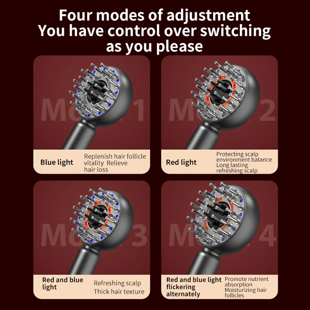 다기능 두피 릴렉서 EMS 미세전류 머리 마사지기, LED 적색 조명, 헤어 케어 두피 유체 가이드, 모발 성장 빗