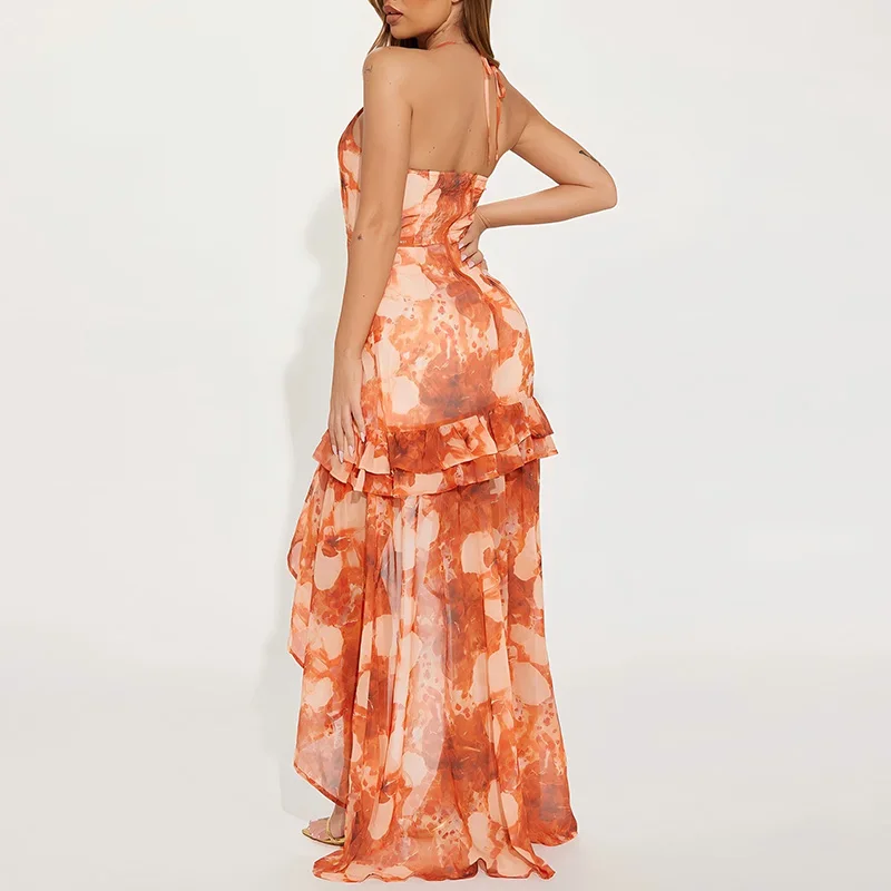 Boho elegante stampa senza maniche a vita alta maxi abiti sexy halter volant abito lungo irregolare abito da sera diviso senza schienale da donna