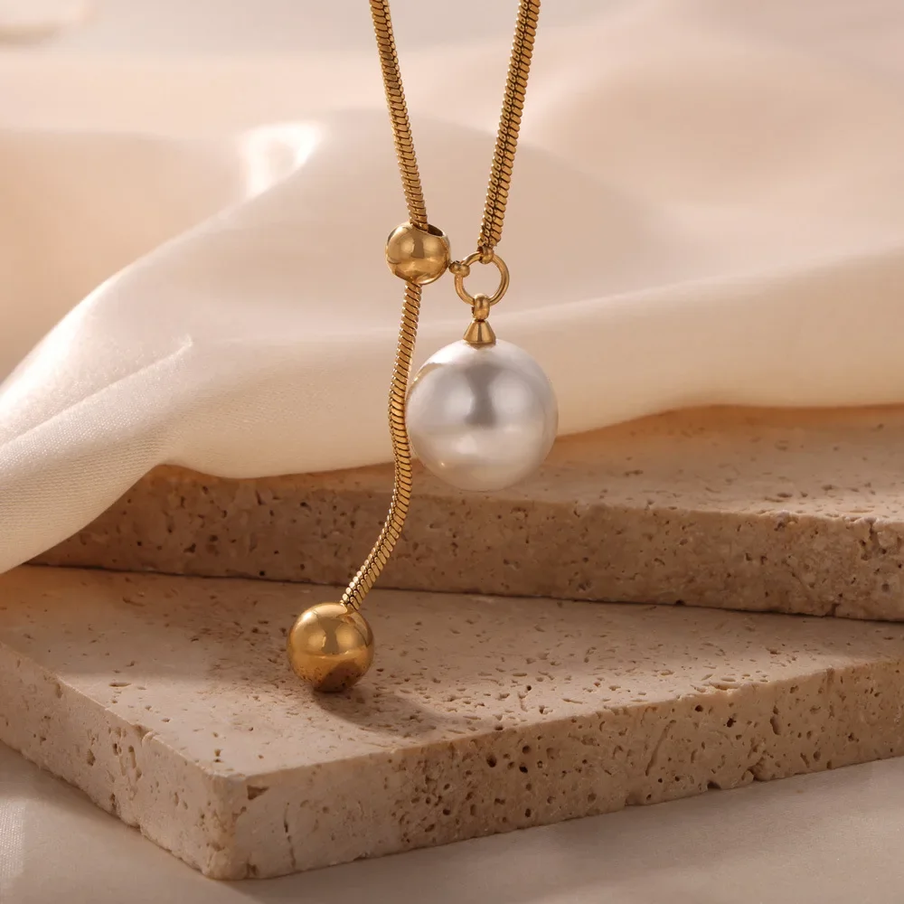 Minimalist Simulated Pearl Necklace Titanium Steel Adjustable Long Chain Necklace Female Party Wedding Dress Jewelry Girls Gifts