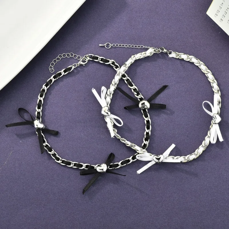 

Heart-shaped bow metal chain necklace for women, leather butterfly