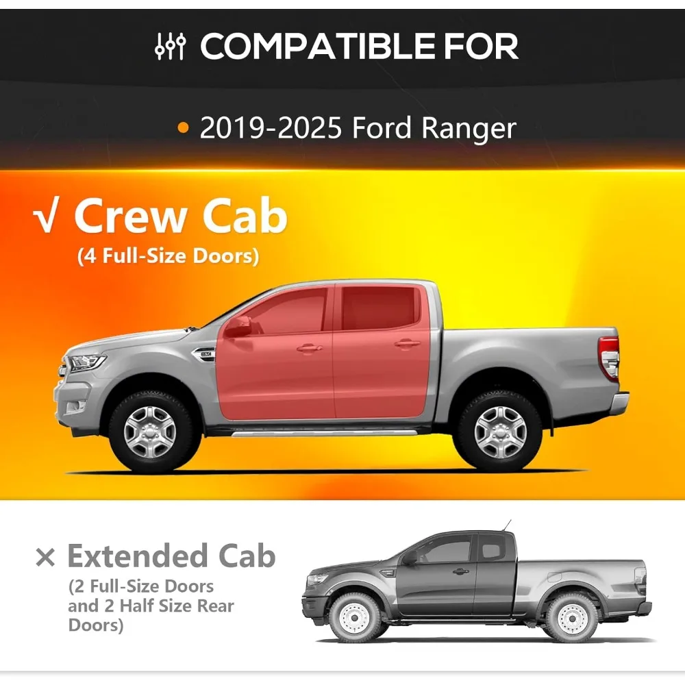 Crew Cab Running Boards Side Steps Compatible for 2019 2020 2021 2022 2023 2024 2025 Ford Ranger Supercrew Cab (4 Full Size Door