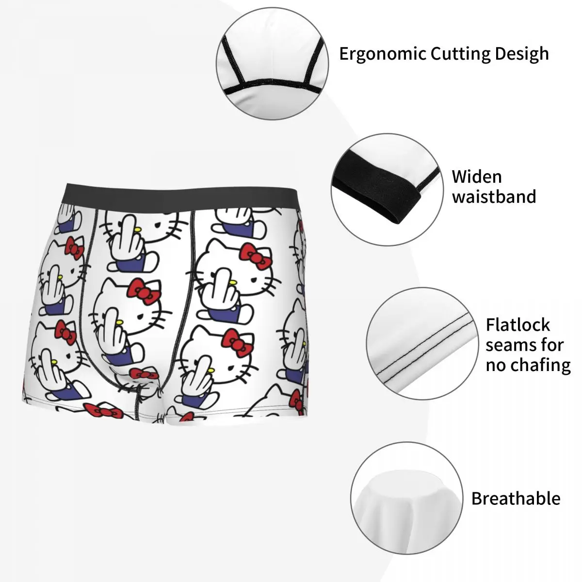 Men\'s Hello Kitty Middle Finger Underwear Funny Boxer Briefs Shorts Panties Homme Breathable Underpants S-XXL