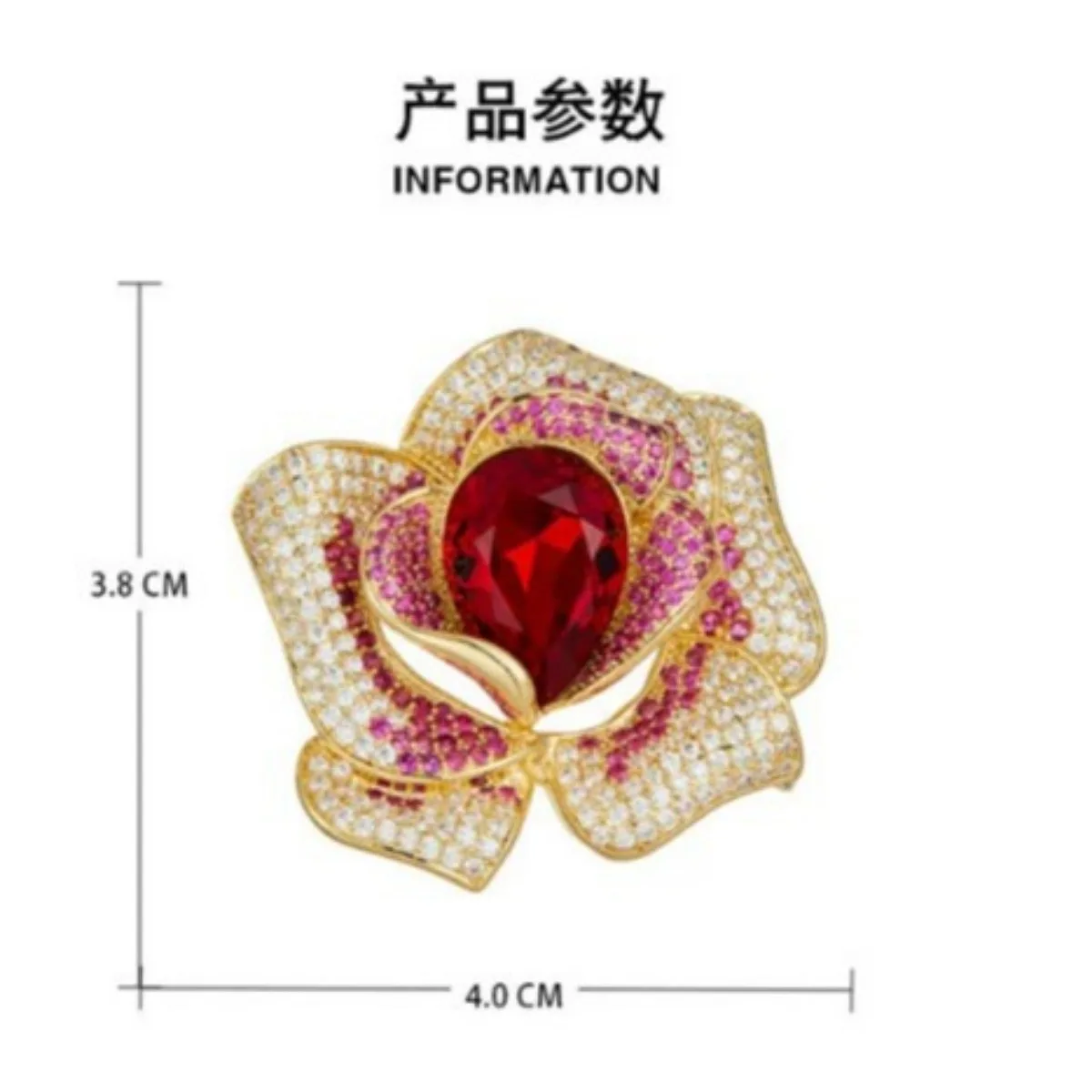 

Rose Flower Brooch with Red Rhinestone Inlaid Gold Plated Fashion Pin for Women Party Wedding Daily Decor