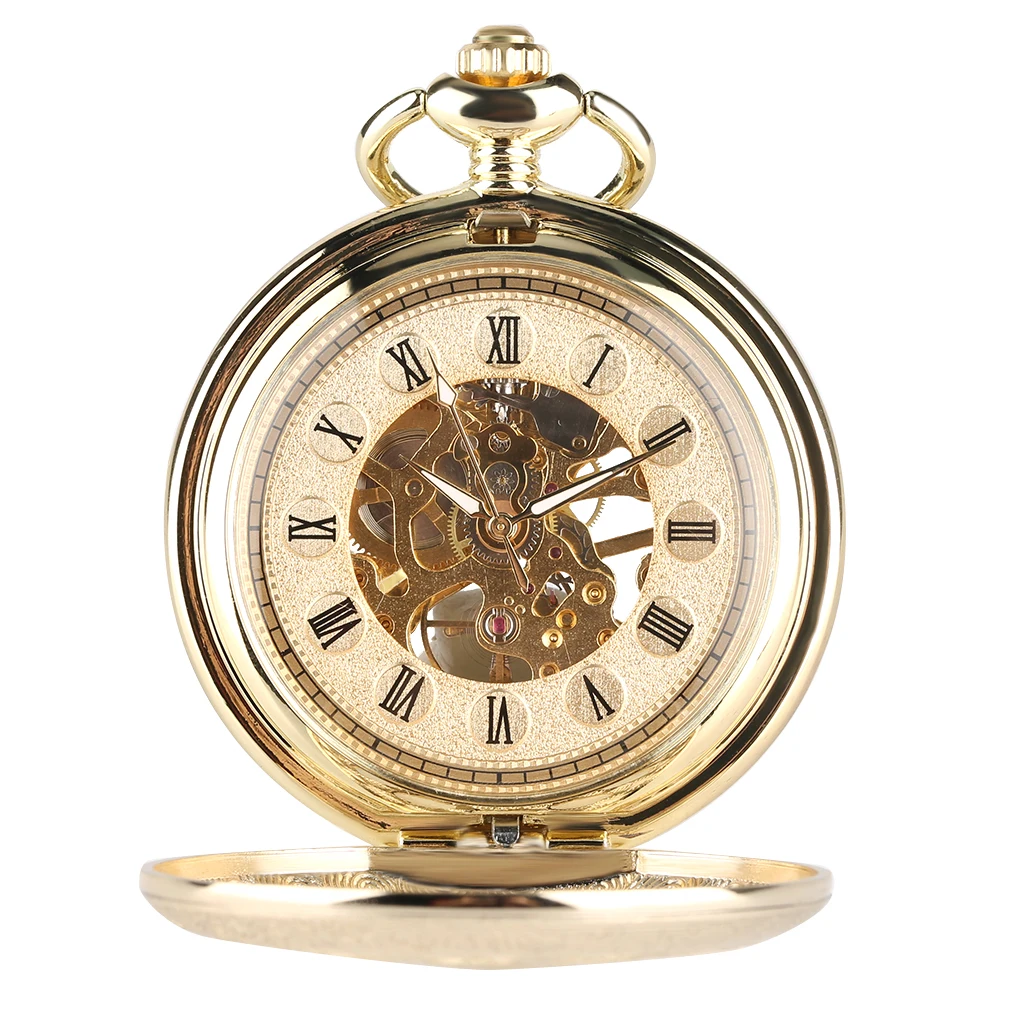 Transparent Hollow Roman Numerals Display Mechanical Pocket Watch Hand-Winding Luxury Vintage Pendant Chain Clock Gift Male