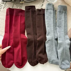 Wine Red Long Socks Women Stockings Cotton Solid Color Warm Thigh High Ladies Girls Street Fashion Knitted Knee Socks Harajuku