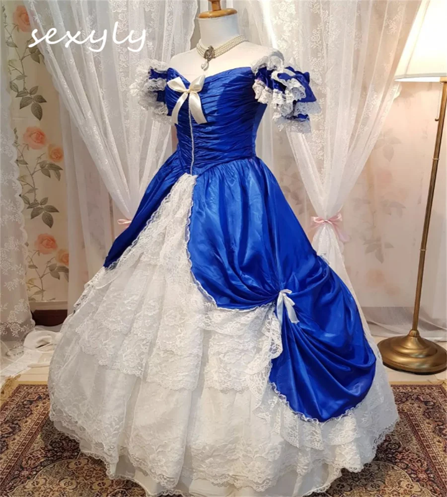 Luxury Royal Blue Lace Wedding Dress 2023 Renaissance Medieval Country Gothic Bridal Gowns Short Sleeve Bow Church Dance Bride